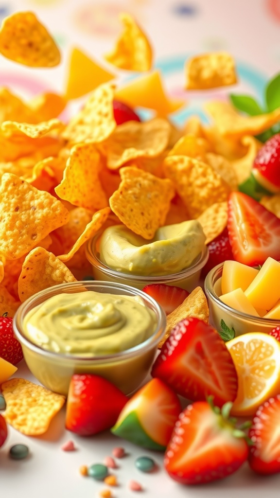 A vibrant 3D animation of assorted snacks like tortilla chips and guacamole, depicting movement and color.